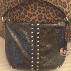 Michael Kors Astor Uptown Black Crinkled Patent Studded Leather Hobo